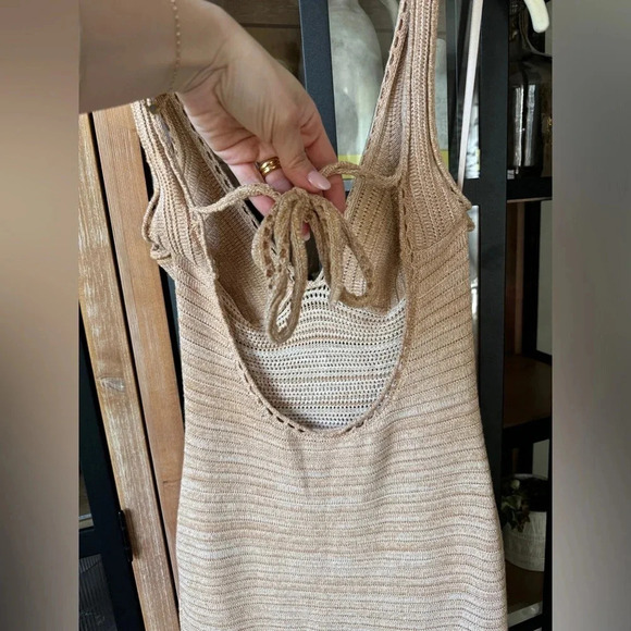 Torn by Ronny Kobo Madi Crochet Dress beige sand maxi resort vneck open back - Picture 5 of 11